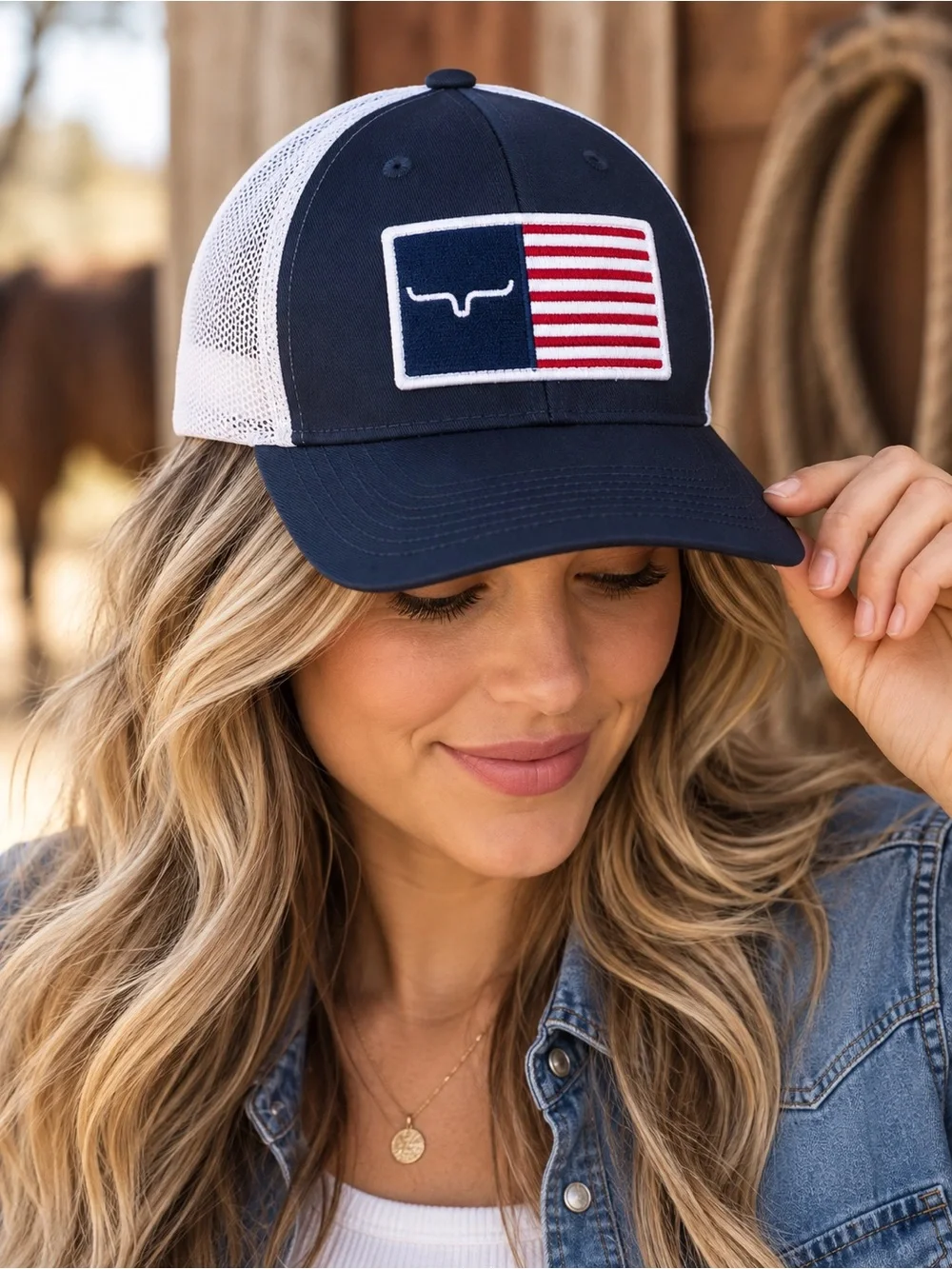 Kimes Ranch American Flag Longhorn Trucker Hat Navy White Mesh Snapback